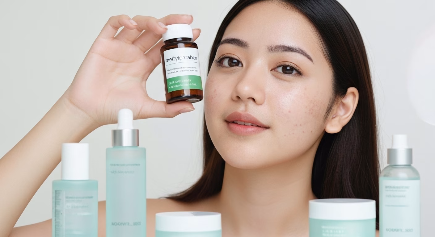 Create a high-quality feature image for a skincare article. Main subject: Use the SAME female model face consistently across all generated variations (important: identical face identity, same facial structure, same skin tone, same person). Indonesian/Southeast Asian beauty look, acne-prone skin with natural realistic texture, calm and reassuring expression. Scene concept: Model examining or holding a skincare bottle ingredient label showing methylparaben, surrounded by clean skincare products, subtle dermatology/lab-inspired props, and premium skincare aesthetics. Mood and message: Communicate trust, ingredient safety, gentle acne care, science-backed skincare, and relief from worry. Calm, premium, informative, modern feeling. Visual style: Photorealistic beauty editorial photography, luxury skincare campaign look, soft natural lighting, pastel white-blue-green palette, shallow depth of field, ultra detailed, glossy magazine-style composition. Composition: Horizontal blog feature image (16:9), clean negative space for headline overlay, model slightly off-center, focus on face + skincare product + ingredient context. Important: Keep the SAME model face in every variation; only change props, background styling, and camera angle. Avoid: No text, no watermark, no scary chemical imagery, no irritated skin, no clutter, no exaggerated acne.