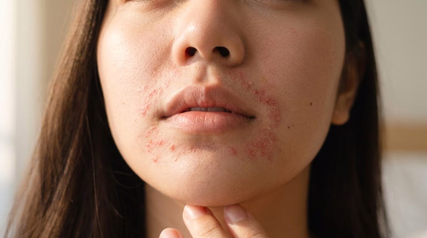 dermatitis perioral, ruam sekitar mulut, periorificial dermatitis, salah arti jerawat, papula sekitar mulut, kortikosteroid topikal, barrier kulit, metronidazole, azelaic acid, inflamasi wajah, kulit sensitif mulut, rebound steroid, Eva Mulia Clinic, diagnosis dermatitis, pelembap ceramide