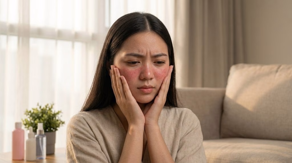 rosacea, kemerahan wajah, flushing wajah, telangiektasia, papulopustular rosacea, eritema menetap, pemicu rosacea, metronidazole, azelaic acid, barrier kulit, jerawat vs rosacea, Eva Mulia Clinic, inflamasi wajah, tabir surya rosacea, perawatan kulit sensitif